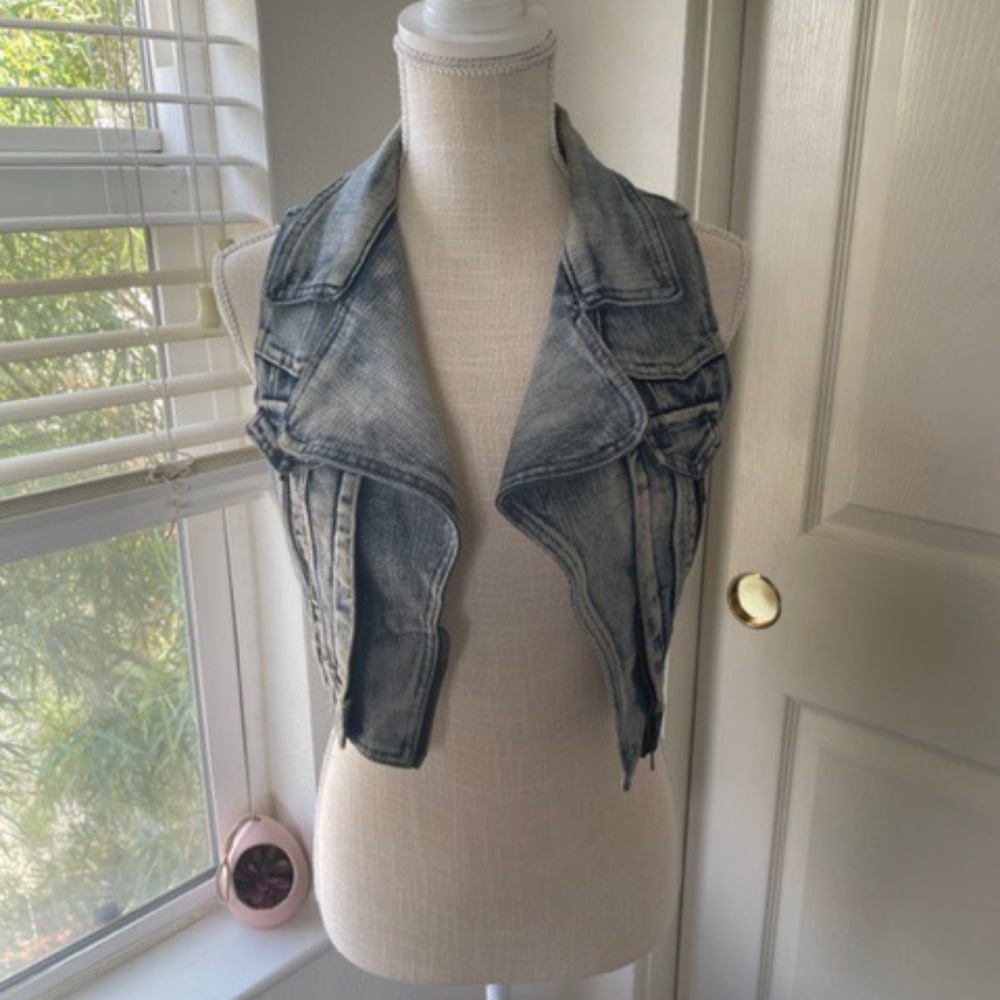 Chocolate USA | Y2K Distressed Blue Wash Denim Crop Vest Copper Zippers, Size S